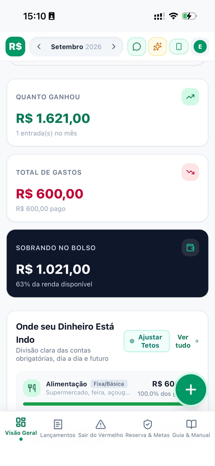 Resumo mensal do app com ganhos, gastos e valor disponível no bolso