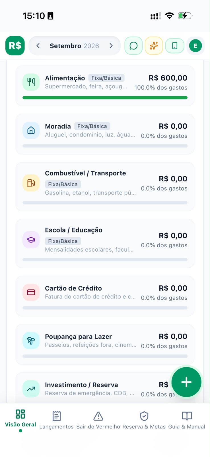 Categorias de despesas do app incluindo alimentação, moradia, transporte, escola e cartão